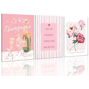 3Pcs Pink Preppy Canvas Wall Art, Funky Champagne Glasses Painting Picture Wall Decor, Trendy Aesthetic Pictures Poster Print Artwork, for Cute Teen Girls College Dorm Bedroom Apartment Home Decoration
