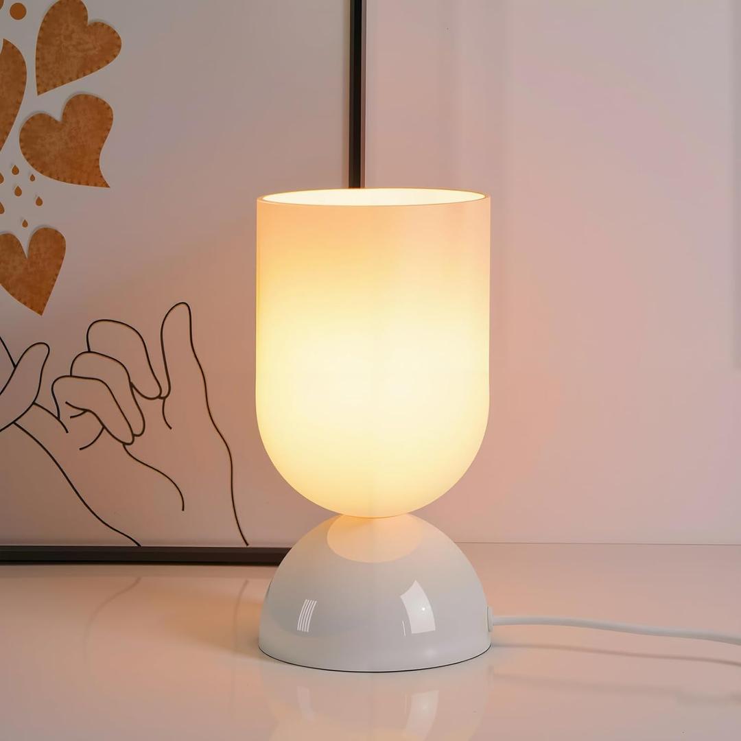 8.9" Modern Glass Table Lamp for Living Room, Dimmable Desk Lamps for Bedroom, UL Listed Nightstand Lamp with Dome Base, End Table Lamps for Home, Side Tables, College Dorm, Office, Glossy White