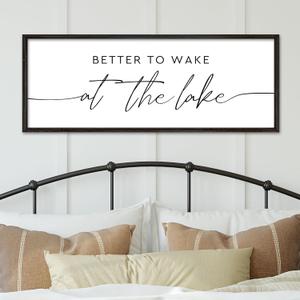 YWMZYKJGS Better To Wake At The Lake Above Bed Wall Decor Art 40"15" for Lake House Bedroom Over Bed Sign Large Wood Framed Wall Hanging (Black)