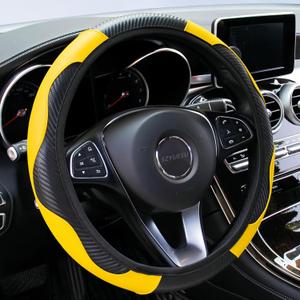 Car Steering Wheel Cover, 15 inch Microfiber Leather Carbon Fiber Soft Anti-Slip Breathable, Universal Size Elastic Car Accessory for Most Cars (Yellow)