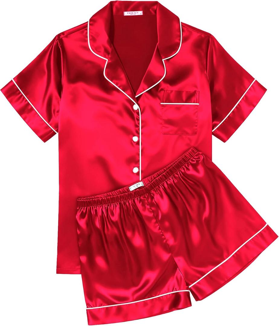 Ekouaer Womens Silk Satin Pajama Sets Soft Short Sleeve Button Down Sleepwear Top and Shorts 2 Piece Pjs Lounge Set (Small, Red)