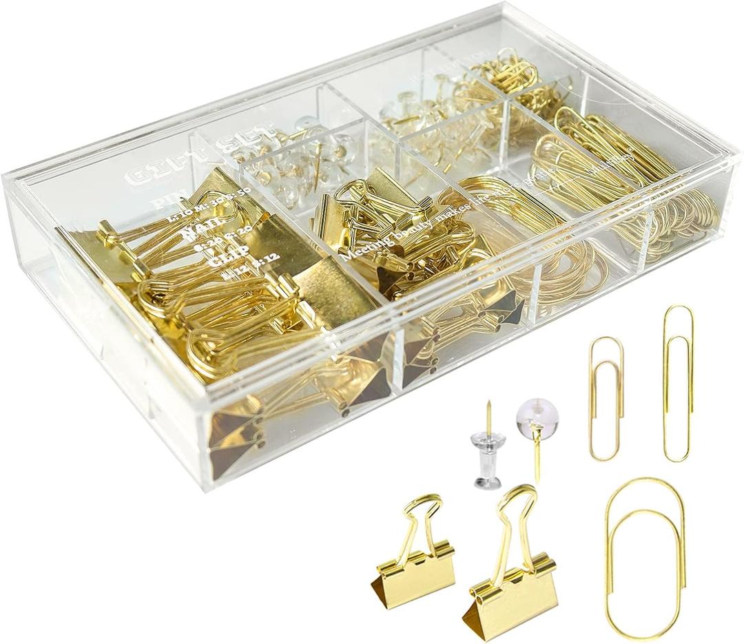 Gold Paper Clips Binder Clips, 154 PCS Luxury Office Supplies Set with Large Small Paper Clamps Binder Clips Clear Push Pins Office School Desk Organizer (Gold)