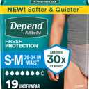 Depend Fresh Protection Adult Diapers, Incontinence Underwear for Men, Disposable, Maximum, Small/Medium, Grey, 19 Count