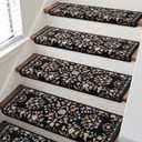 RORA Bullnose Carpet Stair Treads Non-Slip Stair Treads for Wooden Steps,Washable Stair Carpet,Floral Stair Rugs,Runner Indoor Stair Mats for Pets Elder,14pcs,29.5 ''x9.5 x1.5 '',Black