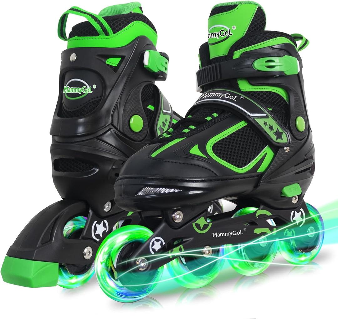 MammyGol Inline Skates for Boys Girls Kids Youth with Light up Wheels, Green Beginner Blades Roller Skates for Boys Size 1 2 3 4 Ages 6-12