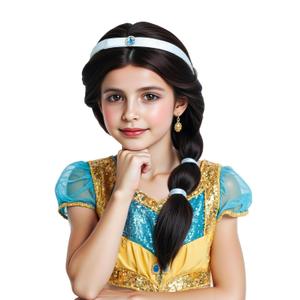 Girls Long Ponytail Wigs Kids Black Braided Wig with Blue Beadband for Halloween Cosplay Wigs (Black/Braid)