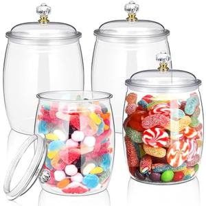 Nuogo 4 Pcs Plastic Candy and Cookie Jars with Lids Clear Cookie Container Candy Jars Large Airtight Apothecary Storage Organization for Wedding Home Kitchen Bar(42 oz)