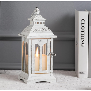 DECORKEY Lanterns Decorative Indoor & Outdoor, Medium Hanging Home Decor, Vintage Metal Decorative Candle Lanterns for Outdoor Patio Wedding Party White with Black Brush