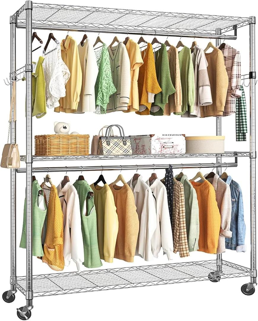 Simple Trending Heavy Duty Rolling Garment Rack 3 Tiers Adjustable Wire Shelving Clothes Rack with Double Rods and Side Hooks, Freestanding Wardrobe Storage Rack Metal Clothing Rack, Chrome