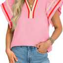 Cicy Bell Womens Ruffle Cap Sleeve Tops Color Block V Neck Dressy Casual Blouses Summer Pleated Loose Fit Shirts (Pink, S)