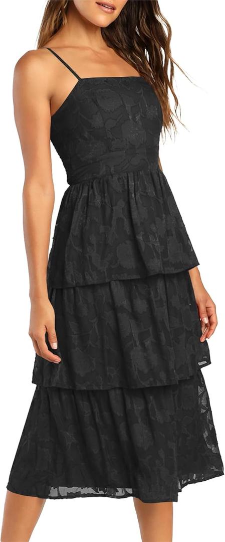 Ferlema Women's 2024 Summer Sleeveless Spaghetti Strap Smocked Tiered Flowy Beach Cocktail Midi Dresses, M