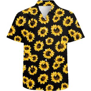 Mens Funny Hawaiian Shirts 3D Graphic Button Down Short Sleeve Tropical Holiday Beach Aloha Shirt (Large, Yellow Sunflower)