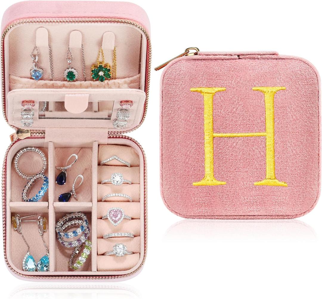 Parima Plush Velvet Jewelry Box Jewelry Case Organizer - Small Jewelry Case Travel Jewelry Holder Travel Essentials Personalized Birthday Gifts for Teenage Teen Girl Women Her Friend - Letter H, Pink