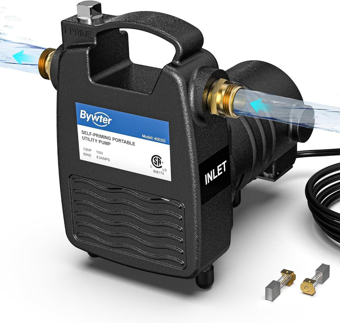 115V Cast Iron Transfer Pump, 1/2HP Heavy Duty Transfer Water Pump, 1320 GPH Portable Utility Pump with Brass Connectors, for Irrigation, High-Pressure Cleaning, and Draining