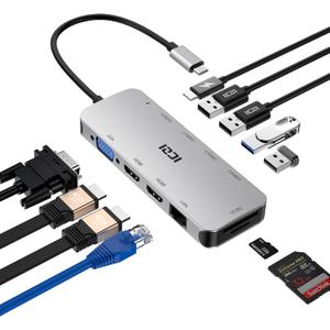 USB C Hub, USB C Docking Station with 4K HDMI, Laptop Docking Station Triple Display, ICZI 11 in 1 USB C Multi-Port Adapter for MacBook and Windows, (2 HDMI 4 K+VGA+100W PD+4 USB Ports+Ethernet+SD/TF)