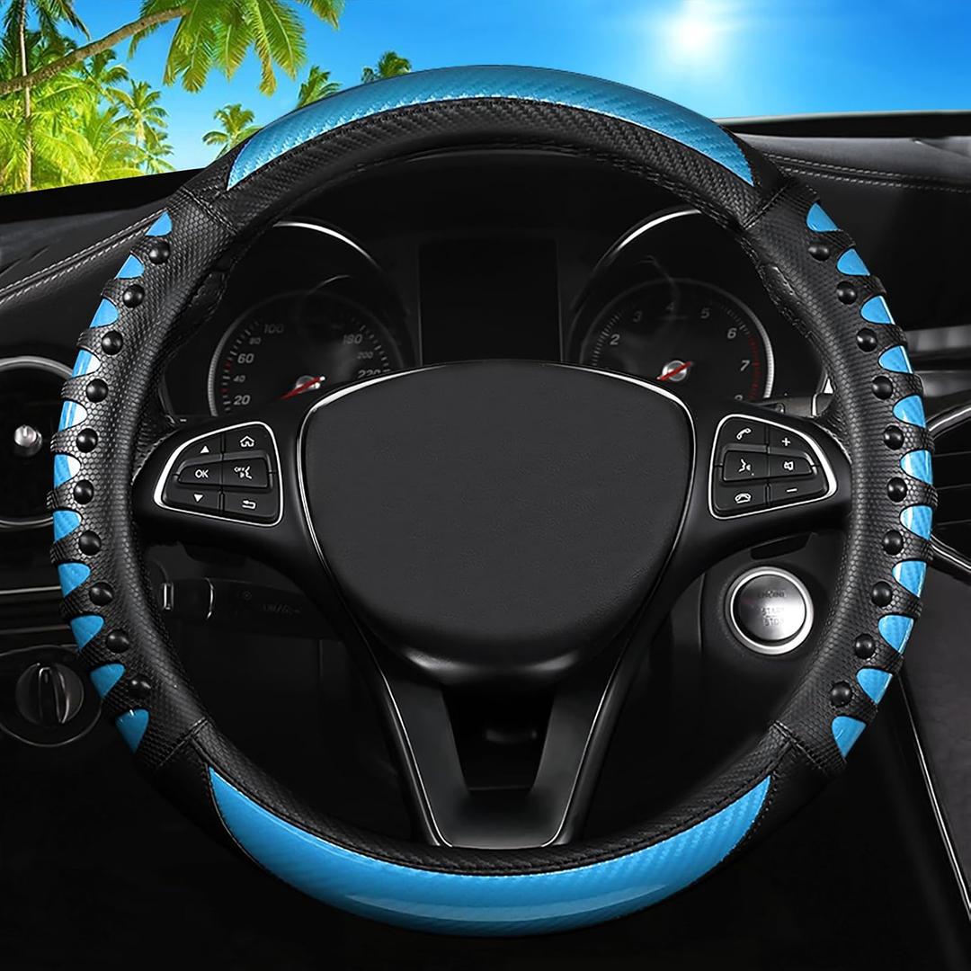 Car Leather Steering Wheel Cover - Carbon Fibre Material, Universal 14.5-15 Inch Leather Anti-Slip Breathable Auto Steering Wheel Covers for Men Women (3D Massage - Sky Blue)