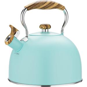 2.6 Quart Tea Kettle Stovetop Whistling for Stove Top, Food Grade Stainless Steel Tea Kettles with Cool Wood Pattern Handle, Blue