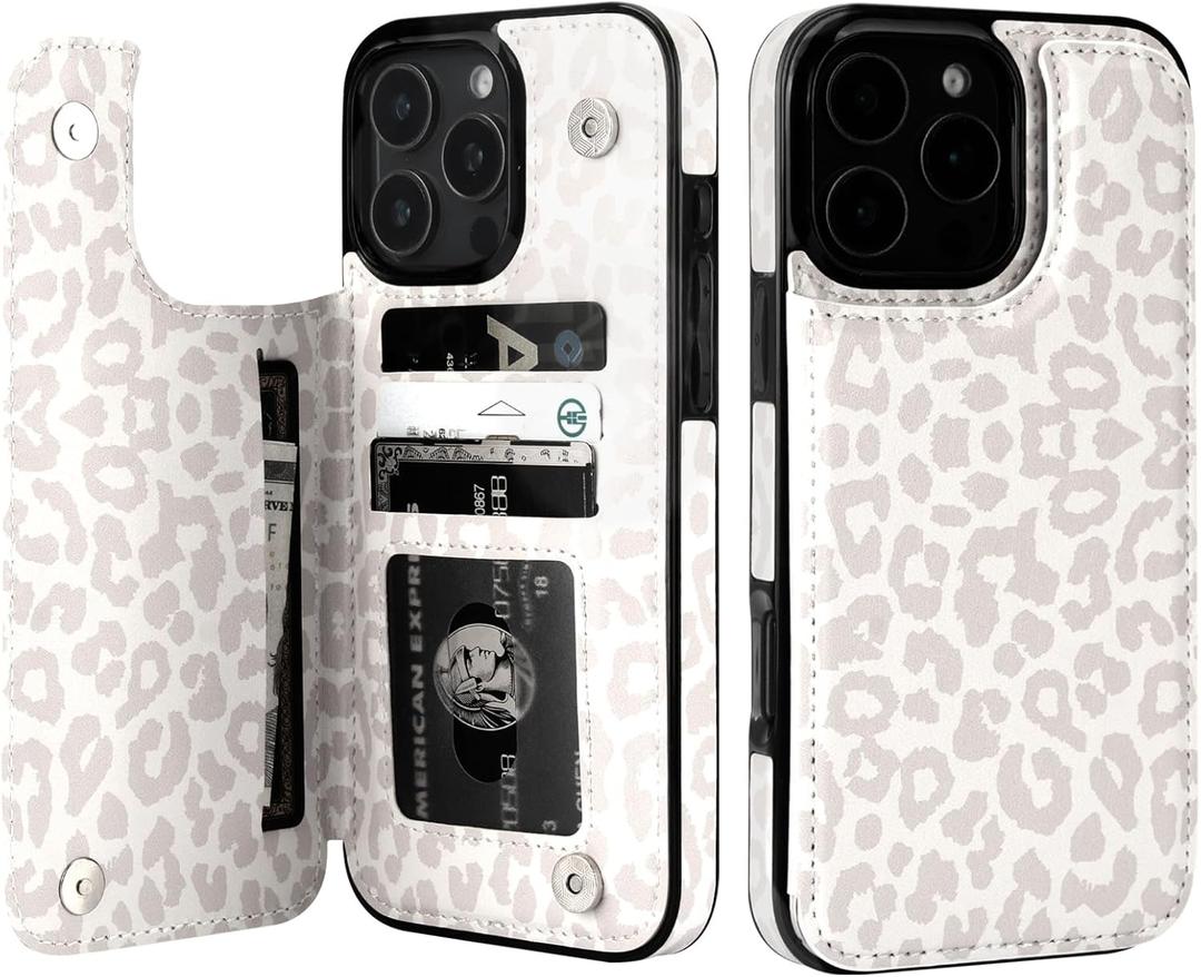 HAOPINSH for iPhone 16 Pro Max Case Wallet with Card Holder, White Leopard Cheetah Pattern Back Flip Folio PU Leather Kickstand Card Slots Case for Women Girls, Double Magnetic Clasp Shockproof 6.9"