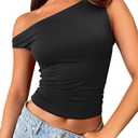 Trendy Queen Women's Off The Shoulder Crop Top, Sleeveless Stretchy Bodycon Tank, Y2K Fashion Sling T-Shirt for Summer Black S