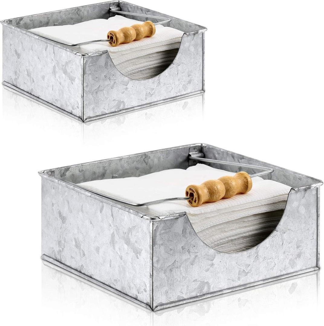 2 Pieces Farmhouse Napkin Holder with Wooden Handles Galvanized Silver Metal Napkin Holder Rustic Flat Square Design for Kitchen Tables Restaurants Indoor or Outdoor Dining
