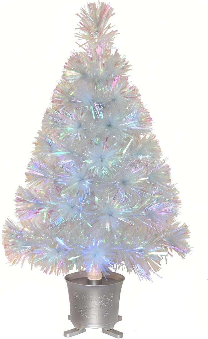 24 inch Iridescent Pre-lit Mini Fiber Optic Tabletop Christmas Tree with Siver Pot and Adaptor (Iridescent)