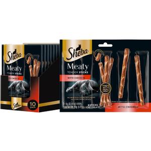 Sheba Meaty Tender Sticks Chicken Cat Treats, Chicken Flavor, Cat Snacks, 0.14 oz., 5 Count, Pack of 10 (50 Sticks Total) (EXP 11/04/27)