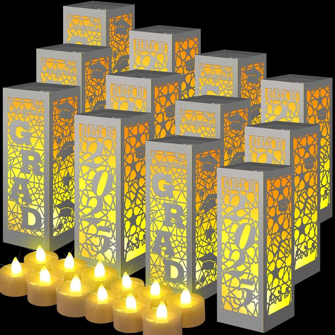 6 Pcs Graduation Table Centerpieces Boxes Class of 2025 Graduation Lanterns for Centerpieces with LED Candles Congrats Grad School College Party for Party Table Decoration (Silver)
