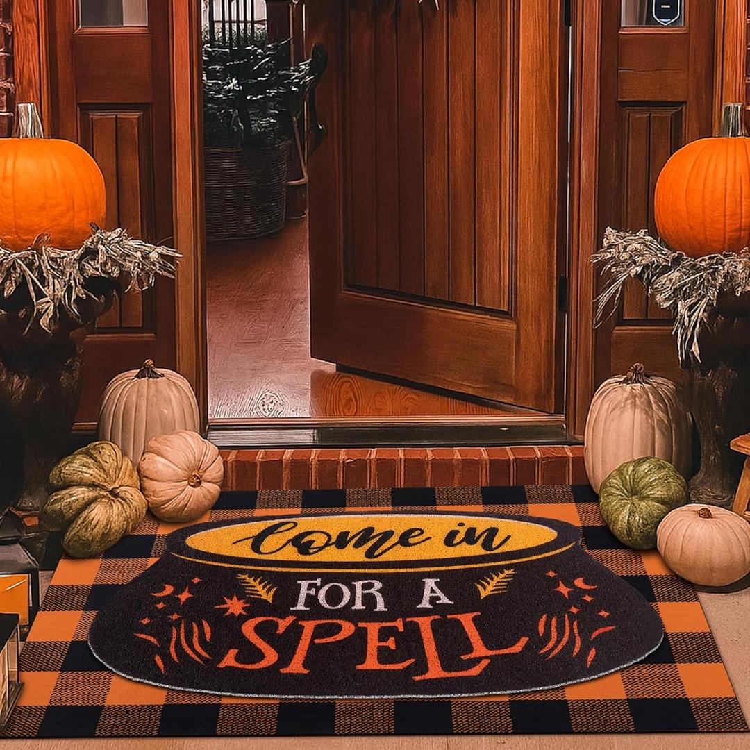 Tinideya 2 Pcs Halloween Door Mat Come in for A Spell Welcome Non Slip Coir Mats Funny Black Orange Buffalo Plaid Floor Layering Doormats Seasonal for Front Porch Entryway Decor(Come in for A Spell) (23.6 x 35.4 Inches)