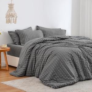 Love's Cabin Seersucker Dark Grey Queen Comforter Set, 3 Pieces, All-Season Bedding Set, Queen Bed in a Bag With Comforter, Flat Sheet, Fitted Sheet, Pillowcase, And Pillow Sham