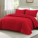Whale Flotilla Queen Quilt Set, Soft and Lightweight Bedspreads Coverlet with Striped Pattern, Bedding Sets with 2 Pillow Shams, Reversible Bed Cover for All Seasons, 96x90 Inches, Red Grid