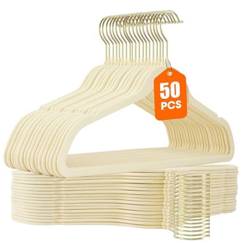 Uinicor 50 Pack Beige Velvet Hangers,Non Slip,Heavy-Duty,Slim,Space Saving,with Felt Surface and Gold 360°Swivel Hook,for Pants,Outfit,Skirts,Suits,Coats,Dresses ect.