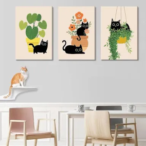 Boho Black Cat Botanical Canvas Wall Art Funny Cute Animal Picture ...
