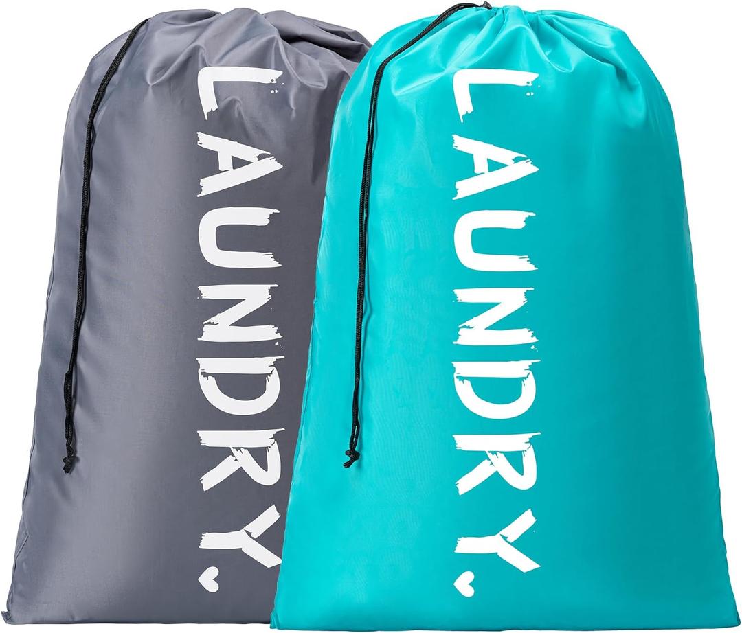 2 Pack XL Travel Laundry Bag, Machine Washable Dirty Clothes Organizer with Drawstring,Large Enough to Hold 4 Loads of Laundry, Easy Fit a Laundry Hamper or Basket Travel Essentials 24" x 36" (Blue+Grey)