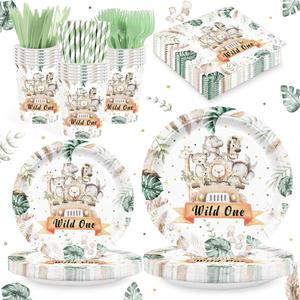 168PCS Wild One Party Supplies for Boys Girls Kids Jungle Animals Party Decorations Forest Themed Plates and Napkins Cups Forks Knives and Straw Tableware for Birthday Serve 24 Guests