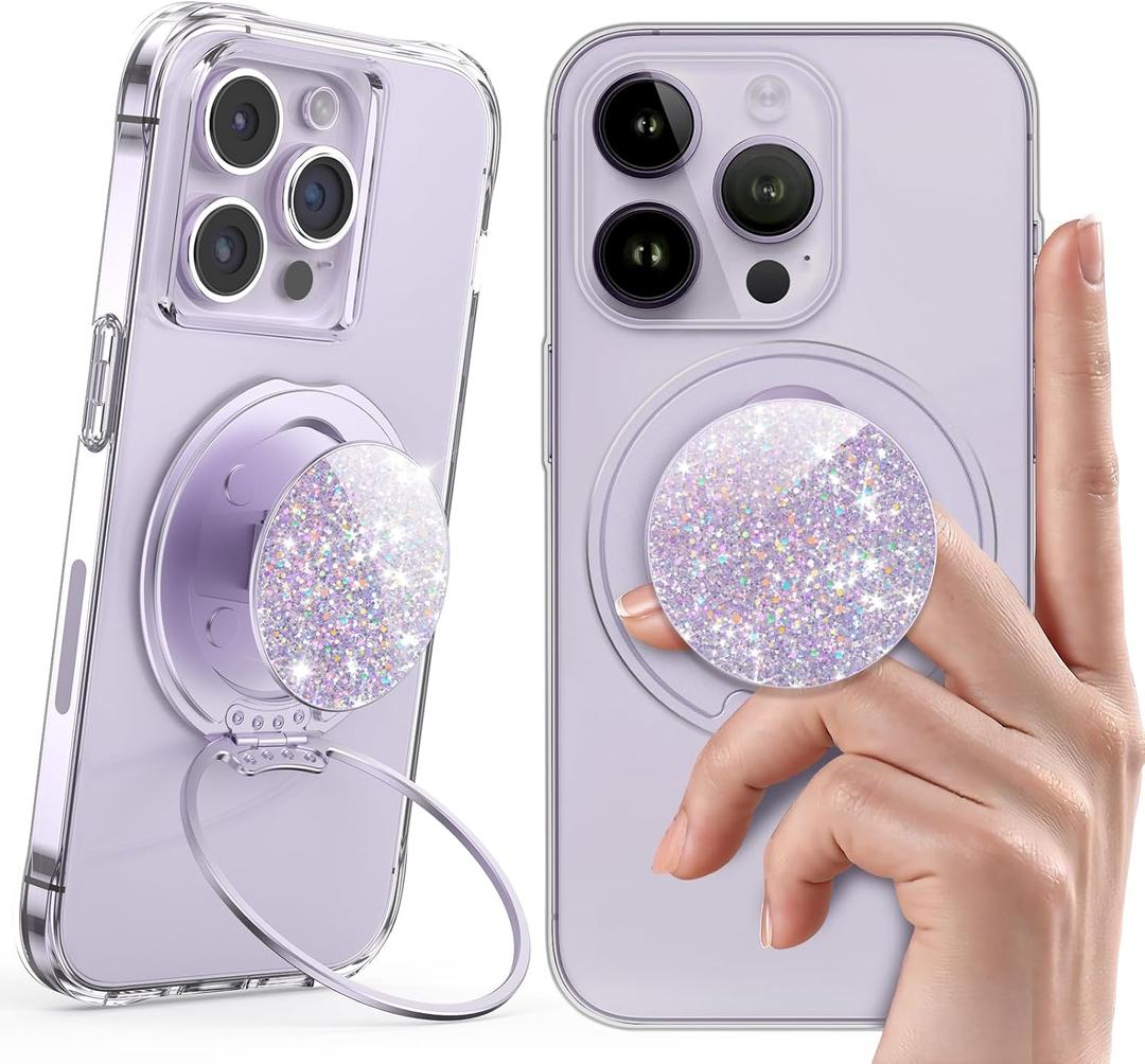Typecase Magnetic Phone Grip: Ultra Thin Cell Phone Ring Holder - Adapter Ring Included - Adjustable Finger Ring Kickstand Compatible with Phone Tablets - Purple Glitter