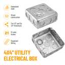 4" Square Electrical Box with Cover, 1-1/2" Deep Metal Electrical Box, Ten 1/2'' and Six 3/4'' Knockouts, Galvanized Steel, 21.0 Cu. in. Capacity Junction Box Metal