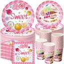 Funnymoom 250 Pcs Candyland Party Decorations Sweet Candy Lollipop Paper Plates Cups and Napkins Disposable Halloween Sweet Candy Themed Tableware Set for Baby Shower Birthday Party Supplies Serves 50