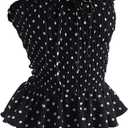 WDIRARA Women's Polka Dots Smocked Ruffle Tube Top Tie Front Strapless Bandeau Peplum Tops (Black, L)
