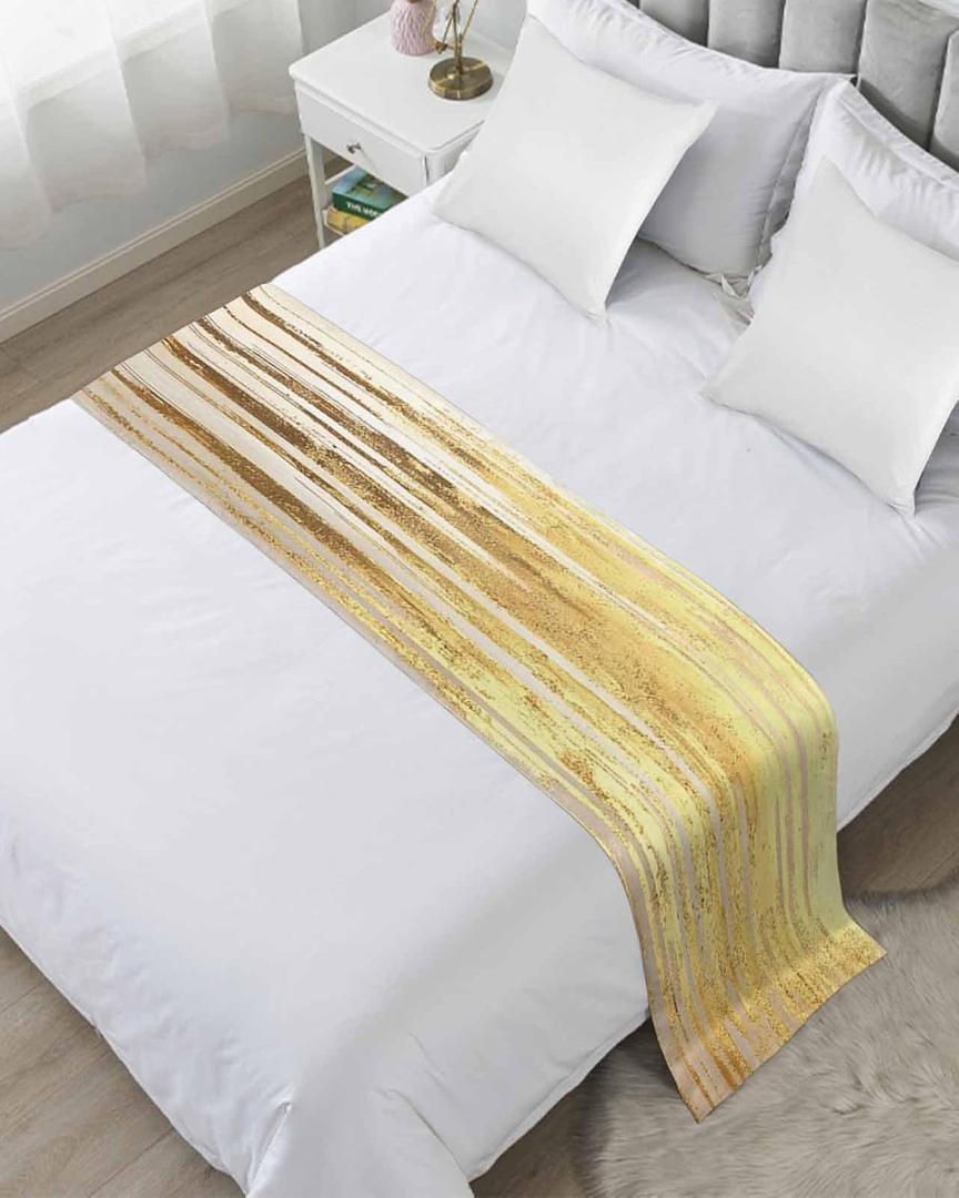 Abstract Gold Bed Runner Scarf King Size, Modern Brush Luxury Strokes Artwork Luxury Bed Throw Runners & Scarves for Twin Full Queen King Foot of Bed, Bedroom Hotel Wedding Room Decoration, 94"x20"