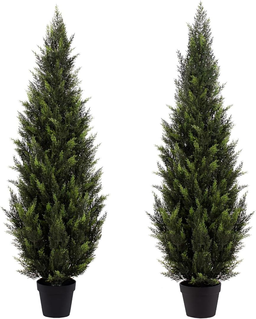 4FT Artificial Cedar Topiary Trees (2 Pack) - UV Resistant Faux Evergreen Shrubs Extra Dense Foliage Realistic Fake Pine Cypress Plants Easy Assembly for Front Porch Garden Indoor Office Decor