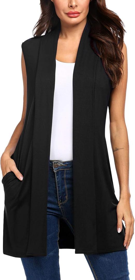 Beyove Womens Long Vests Sleeveless Draped Lightweight Open Front Cardigan Layering Vest with Side Pockets (Large)