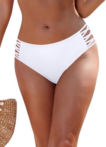 SHEKINI Women's Strappy Cutout Mid Waist Bikini Bottoms Swimsuit Full Coverage Basic Swim Bottoms Size Medium