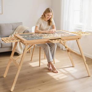 TEAKMAMA Puzzle Table 27.6" H Tall 1500 Pieces Puzzle Board with Drawers, 34.2" x 26.5" Wood Folding Jigsaw Table with Legs and Cover, Jigsaw Board for Adults, Nature