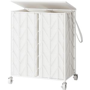 WOWLIVE Laundry Basket with Wheels, Heavy Duty Laundry Hamper with Wood Lid, Clothes Hamper with Divided Removable Liner Bag, Large Capacity Iron-Made Laundry Sorter Laundry Room Organization (White)