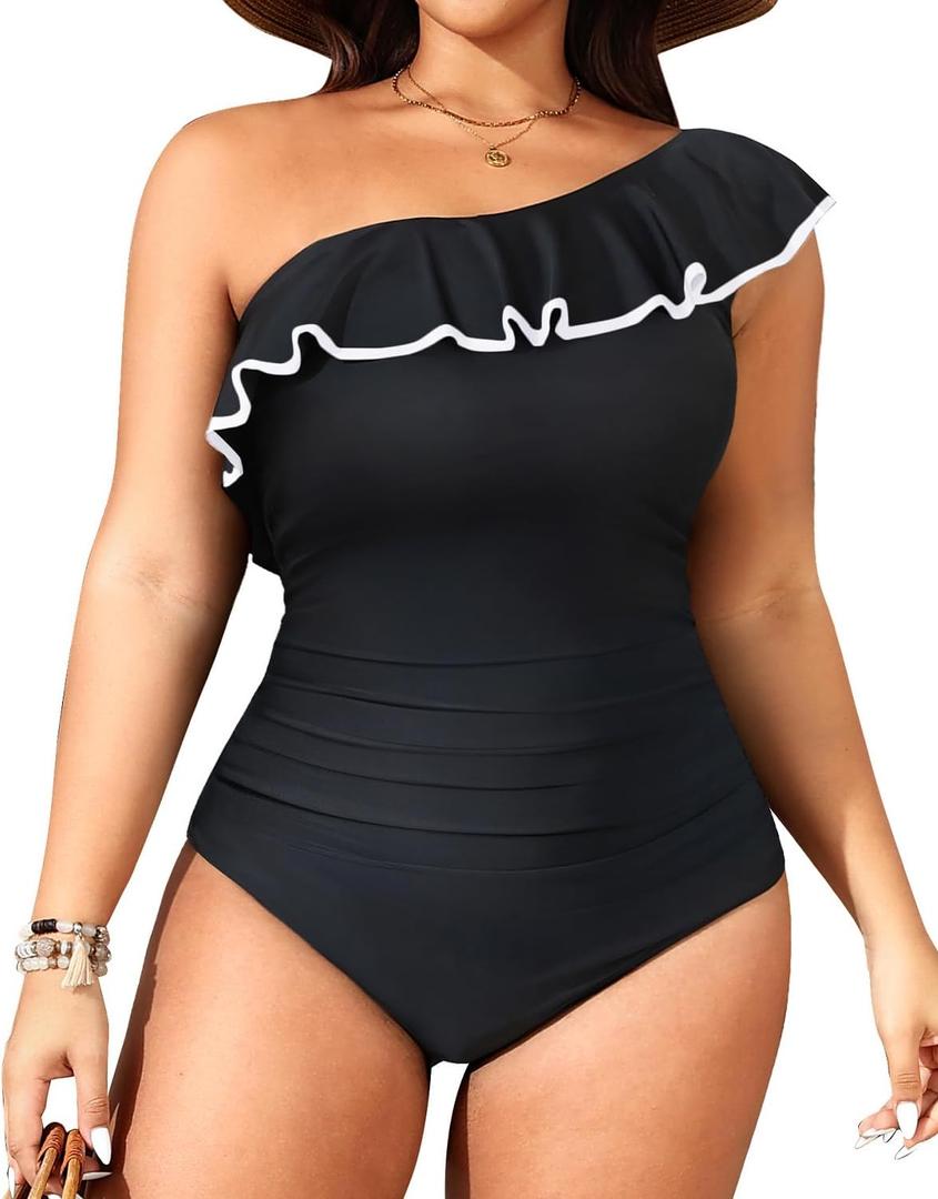 Aqua Eve Plus Size Bathing Suits for Women One Piece Swimsuits One Shoulder Ruffle Tummy Control Black and White Swimwear 22W