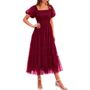 PRETTYGARDEN Women's Smocked Midi Tulle Dress 2026 Summer Puffy Short Sleeve Square Neck Ruffle Wedding Guest Party Dresses (X-Large, Wine Red)