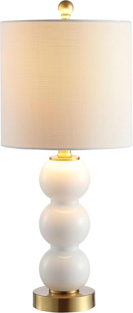 JONATHAN Y JYL1021A 21" Modern Art Deco Glass Table Lamp, Stacked Sphere Bedside Nightstand Lamp with White Linen Shade and Brass Gold Base for Living Room, Bedroom, Office, LED Bulb Included