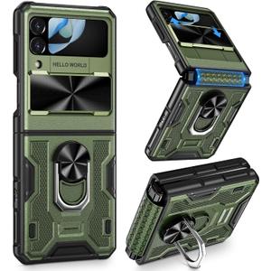 VEGO for Samsung Z Flip 4 Case, with Hinge Protection & Slide Camera Cover Built-in Ring Kickstand Magnetic Protective Phone Cover for Samsung Galaxy Z Flip 4 5G - Green