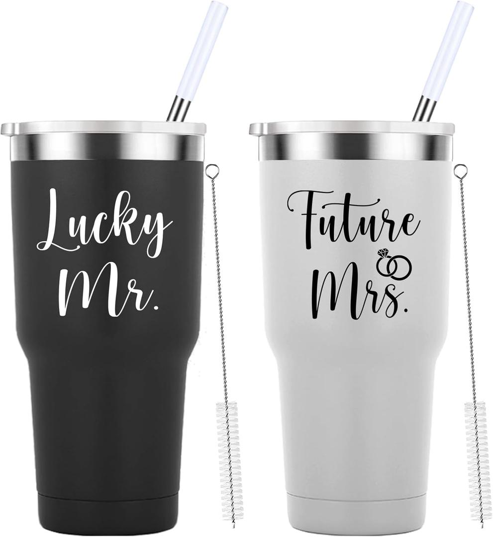 Mamihlap Lucky Mr Future Mrs Travel Mug 30oz Tumbler.Engagement Wedding Bride To Be Newly Engaged Bridal Shower Gifts for Couples.Couple Gift for Fiancee Fiance Bride Groom Mr Mrs.(Black&White)