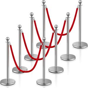 Ferraycle 8 Pcs Stainless Steel Stanchion Post Queue 5 ft Velvet Carpet Ropes and Pole Crowd Control Barriers Grand Opening Casino Theme Party Decorations 360 Photo Booth Accessories (Silver)